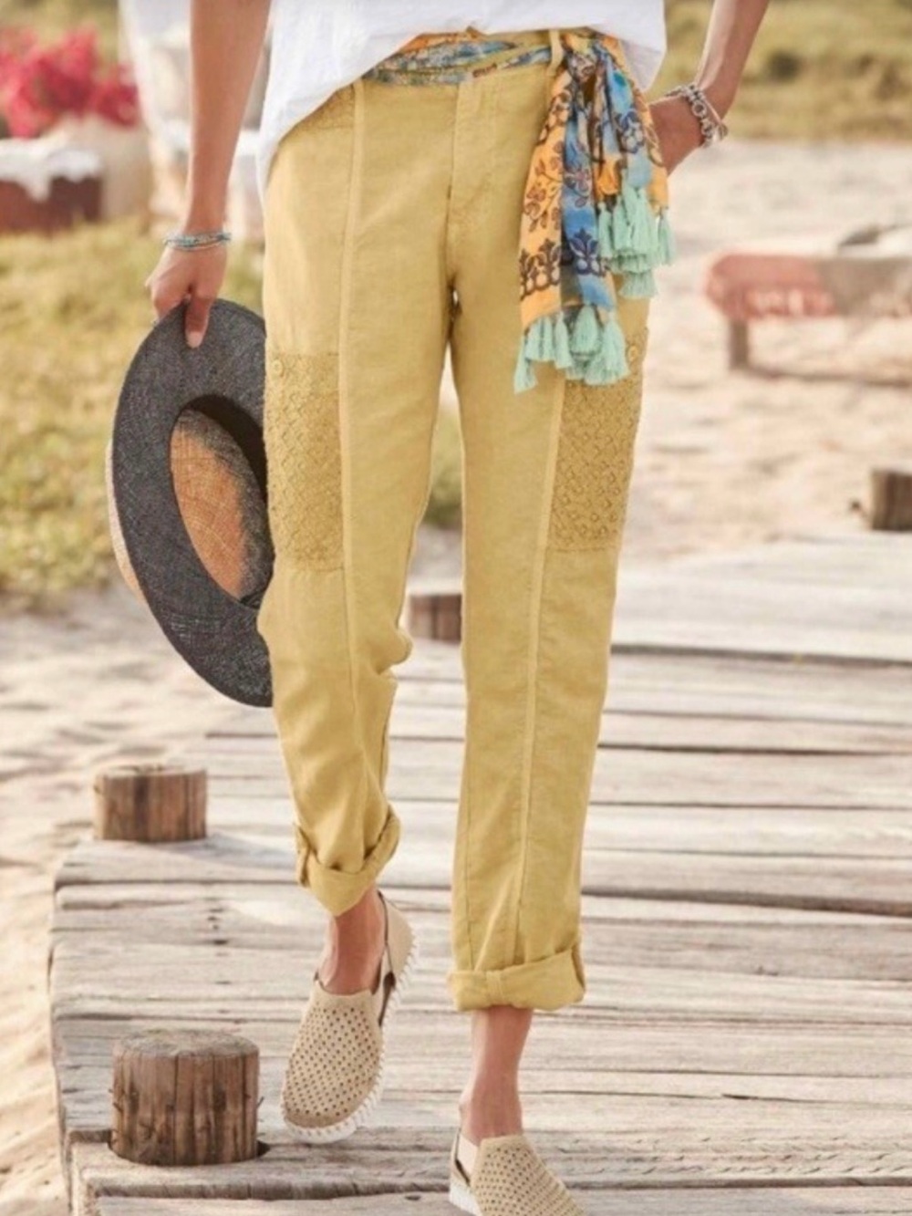 Sundance Linen Cotton Femme Voyager Cargo Pants Cornsilk Yellow Crochet Trim 10